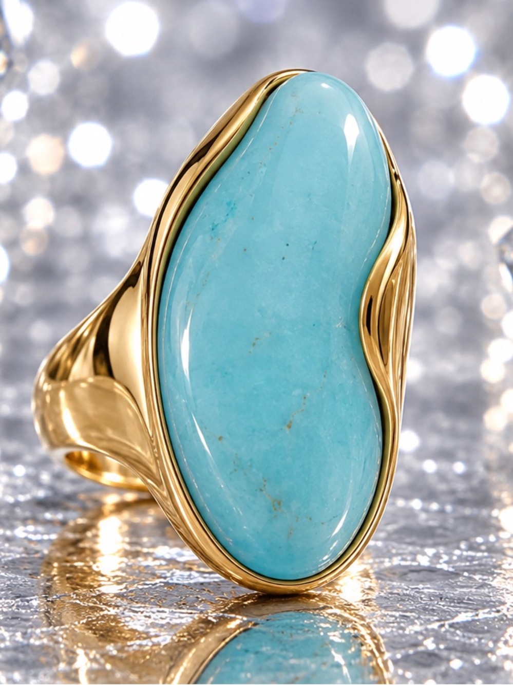 Statement Turquoise Cocktail Ring | Gold Tone Oversized Resin Ring | Resort Glam